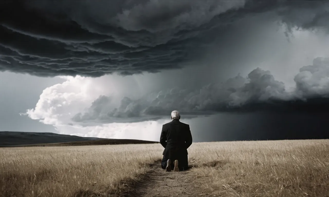 A desolate, black and white landscape engulfed in heavy storm clouds, with a solitary figure kneeling in despair, arms outstretched towards the heavens, questioning why God has forsaken them.