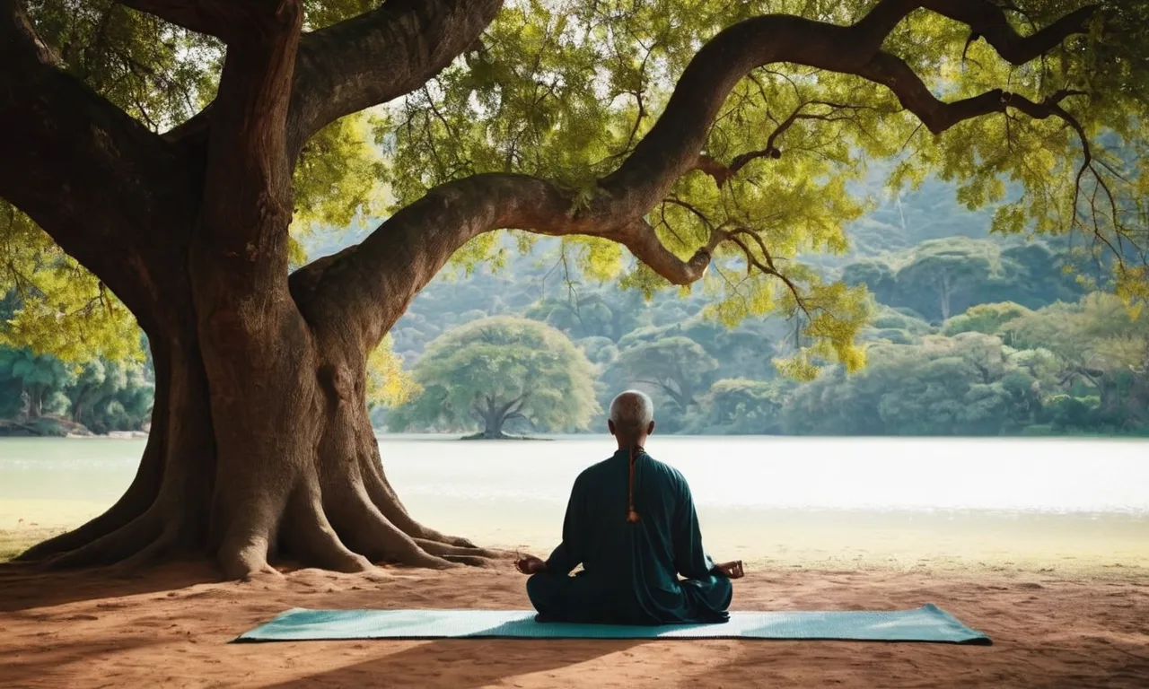 A serene photo of a person meditating peacefully under a Bodhi tree, symbolizing their spiritual journey from Christianity to Buddhism.
