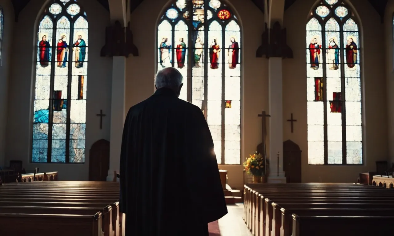 A solemn figure stands in an empty church, their silhouette illuminated by a beam of light streaming through a shattered stained glass window, symbolizing their departure from the Assemblies of God.