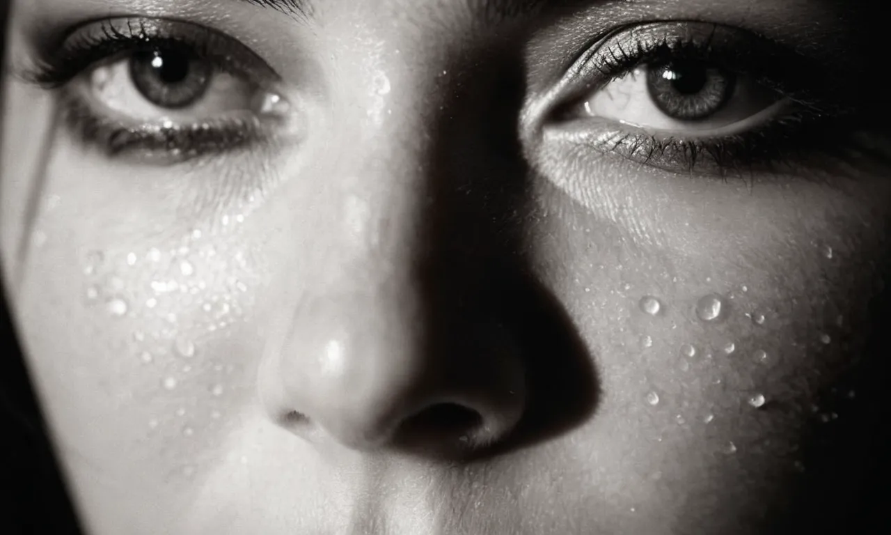 A black and white close-up of a tear-streaked face, bathed in shadow, capturing the anguish and disillusionment that led to the loss of faith.