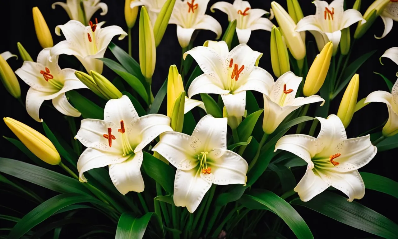 A photo capturing a cross adorned with vibrant Easter lilies, symbolizing the resurrection of Jesus Christ and the significance of Easter in Christian faith.