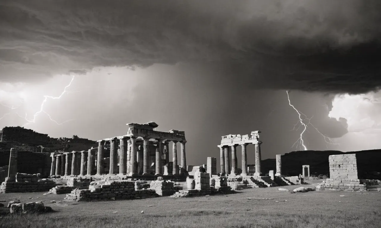 A black-and-white photo captures a thunderstorm brewing over ancient ruins, symbolizing the raw power and perceived harshness of God depicted in the Old Testament.