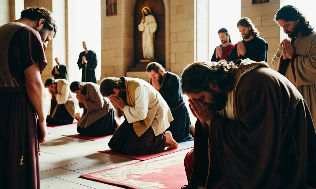 A photograph capturing a group of people bowing their heads in prayer, with a prominent image of Jesus in the background, symbolizing his importance as the spiritual foundation and source of guidance.
