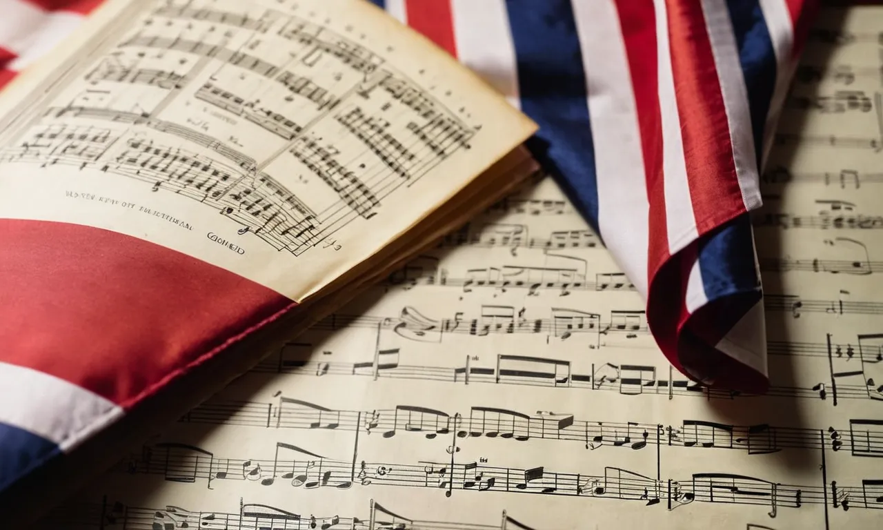 A close-up shot capturing the lyrics of both national anthems, "My Country 'Tis of Thee" and "God Save the Queen," intertwined on a vintage sheet music, symbolizing the shared history and cultural ties between the United States and the United Kingdom.