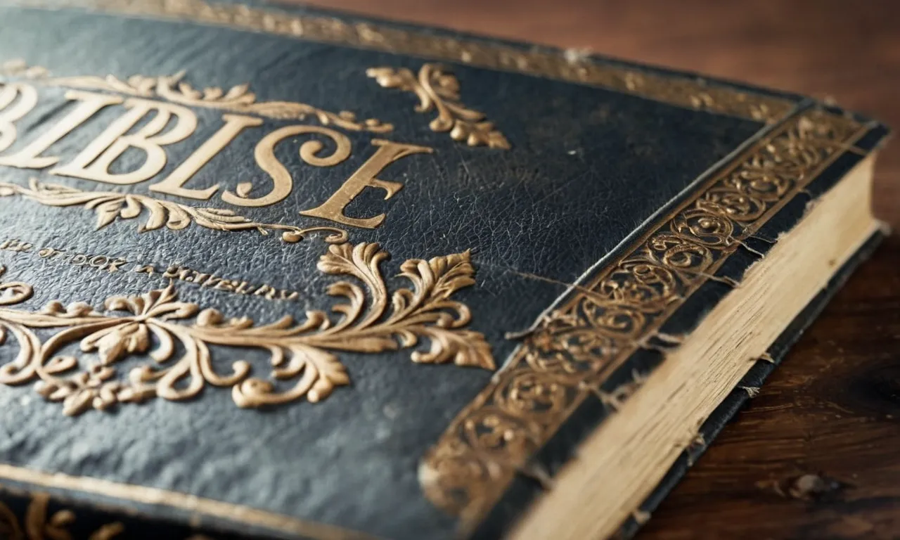 A close-up shot of a tattered and weathered book cover, symbolizing the absence of the Book of Jubilees in the Bible, evoking curiosity and prompting questions.