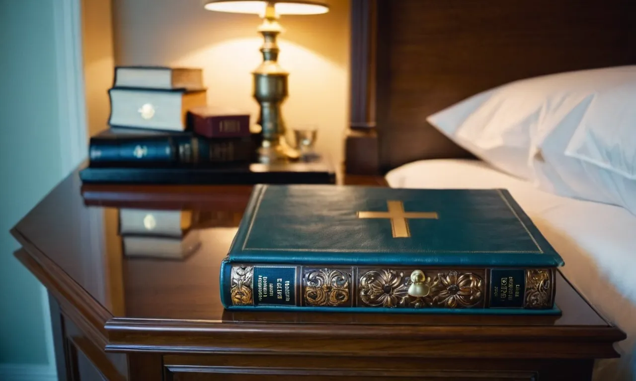A close-up shot of a hotel room nightstand, showcasing a neatly placed Bible, inviting reflection on the historical tradition of its presence and its significance to travelers.