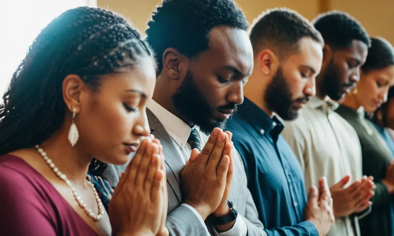 A photo capturing a group of diverse individuals, heads bowed in prayer, symbolizing the unity and fellowship found in church, as emphasized in the Bible.