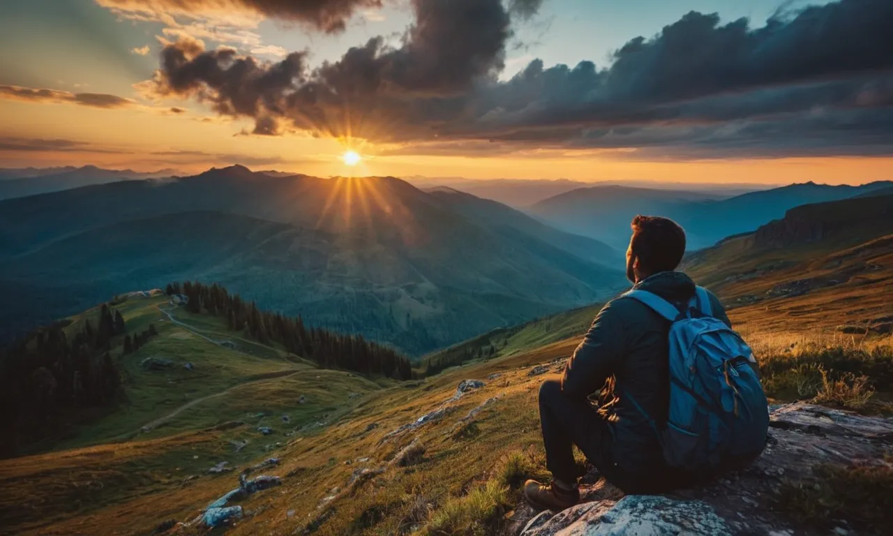 A captivating photo captures a weary traveler, surrounded by darkness, looking up at a stunning sunrise breaking through the clouds, symbolizing the hope and faith one can find in God.