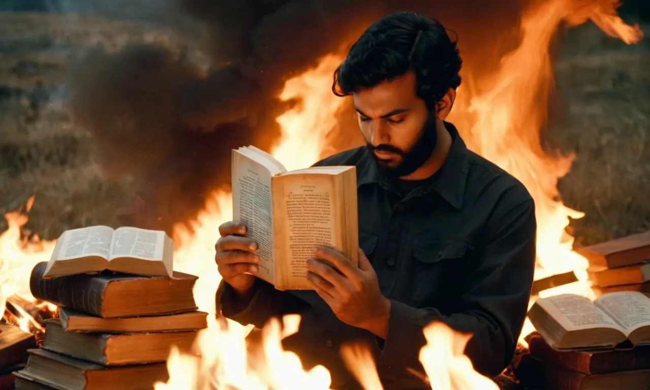 A photo showcasing a person reading The Message Bible with a concerned expression, surrounded by burning books symbolizing the potential dangers of misinterpretation and distortion of biblical teachings.