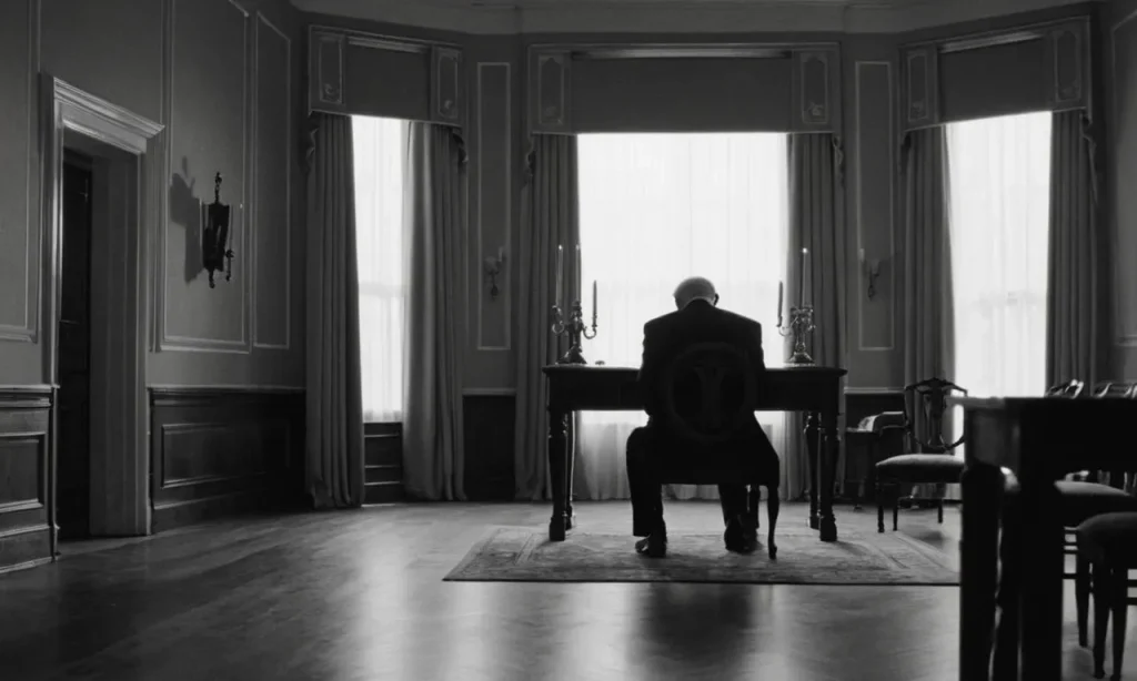 A black-and-white photograph capturing a dimly lit room, with a solitary figure kneeling, head bowed, before an empty chair. The image conveys the questioning of faith and the banishment of God.