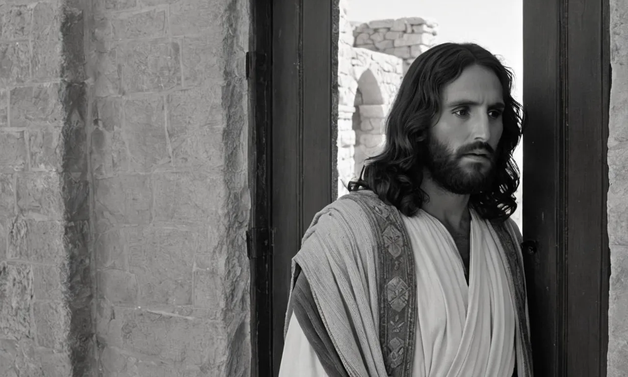 A black and white photo captures a desolate Jesus standing alone in front of a closed door, symbolizing the rejection he faced in Nazareth.