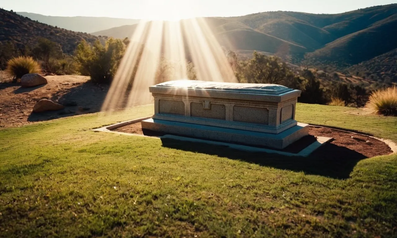A powerful image captured at sunrise, depicting an empty tomb with rays of light breaking through the darkness, symbolizing the profound question: "Why was Jesus resurrected?"