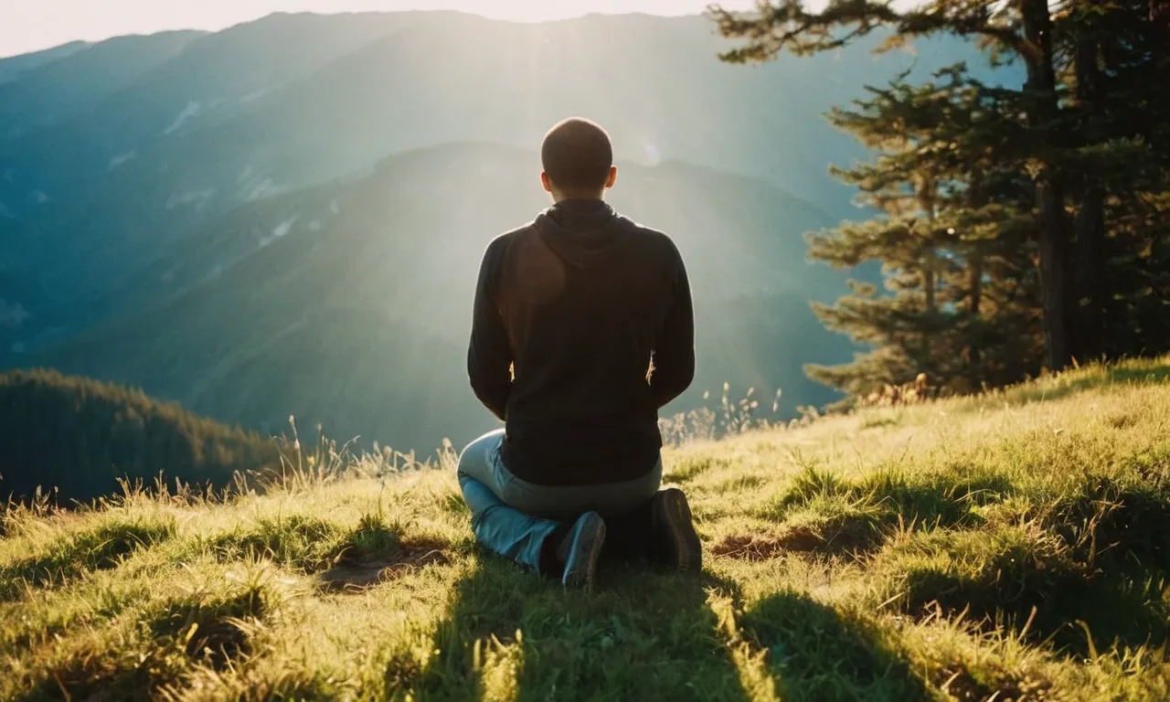 A powerful photo of a person kneeling in a beam of light, hands clasped in prayer, surrounded by nature's beauty, evoking the question "Why worship God?"