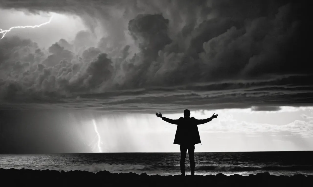 A black and white image capturing a silhouette of a person standing confidently amidst a storm, their outstretched arms symbolically defying the challenges thrown their way, portraying the resilience and unwavering faith within.